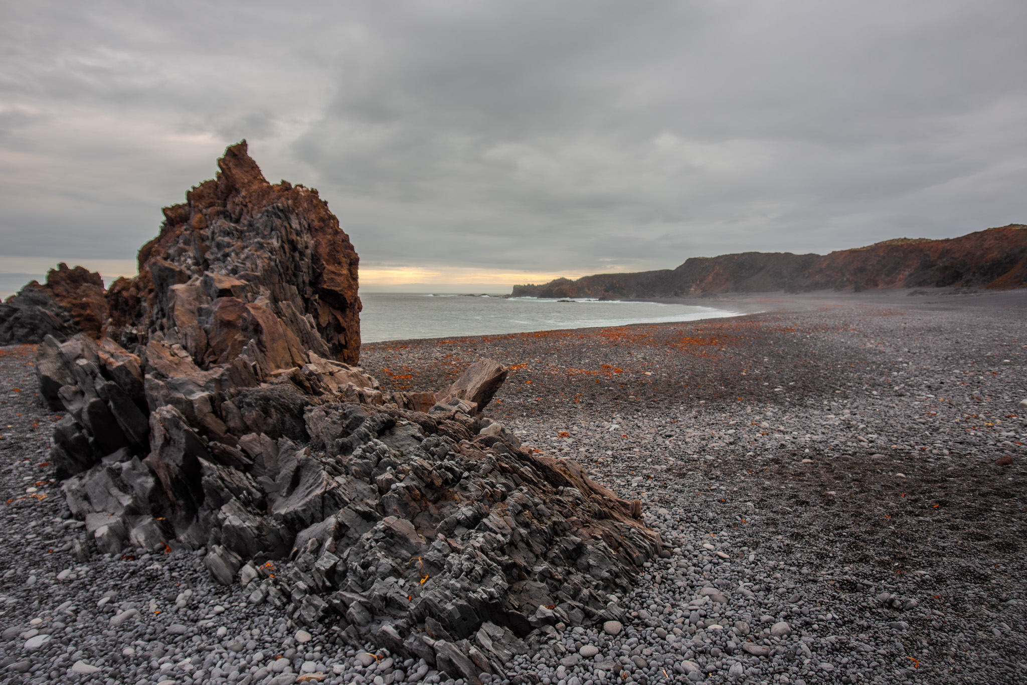 Misty volcanic shoreline with driftwood