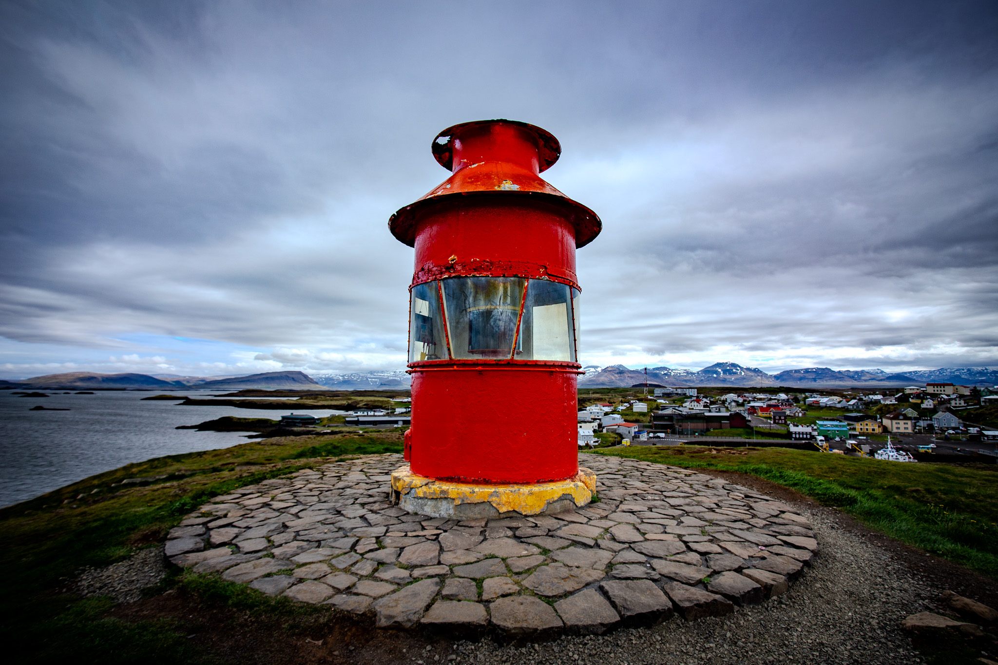 Red lighthouse above Stykkishólmur