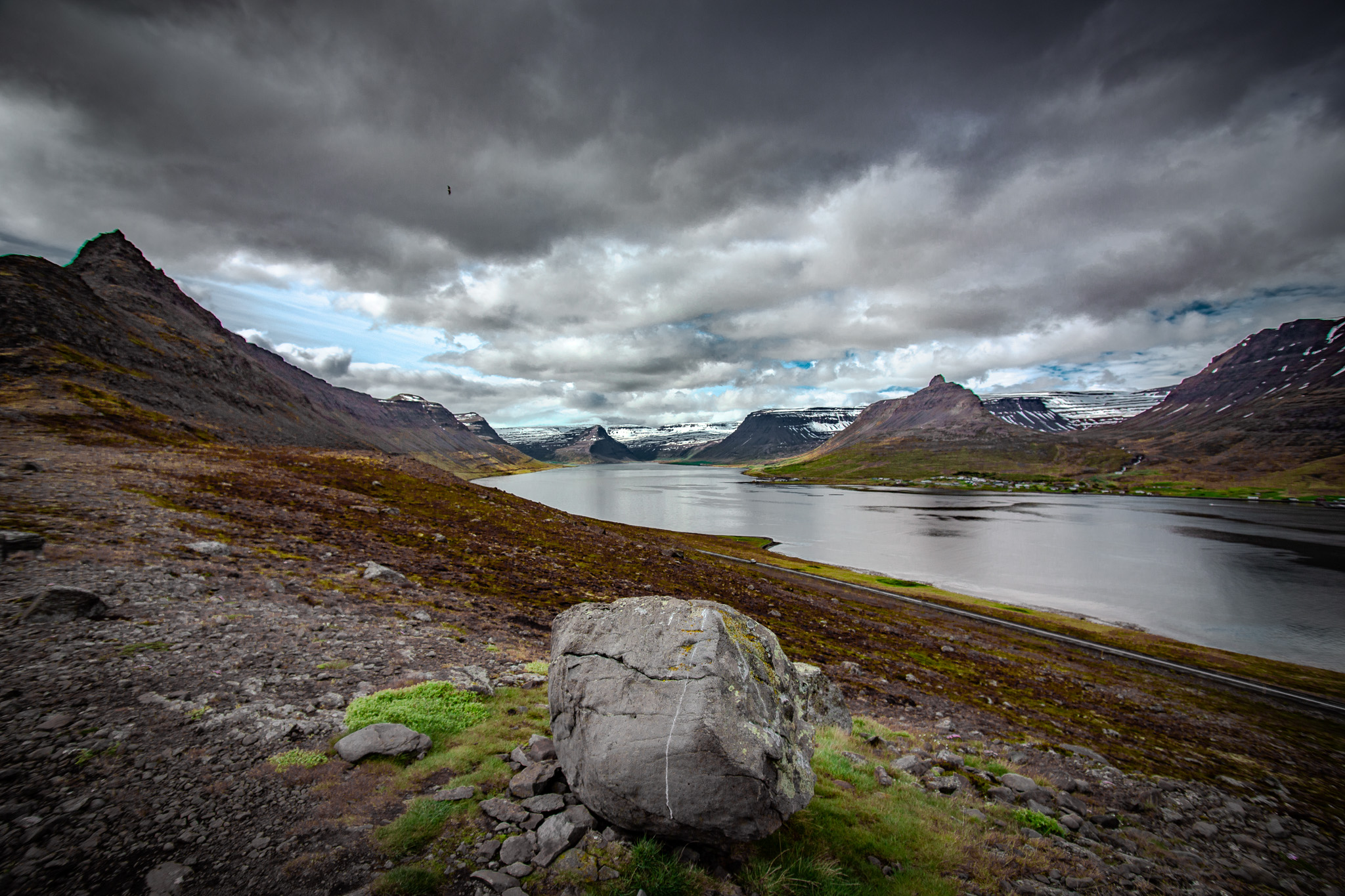 Westfjords fjord valley with snow-capped peaks