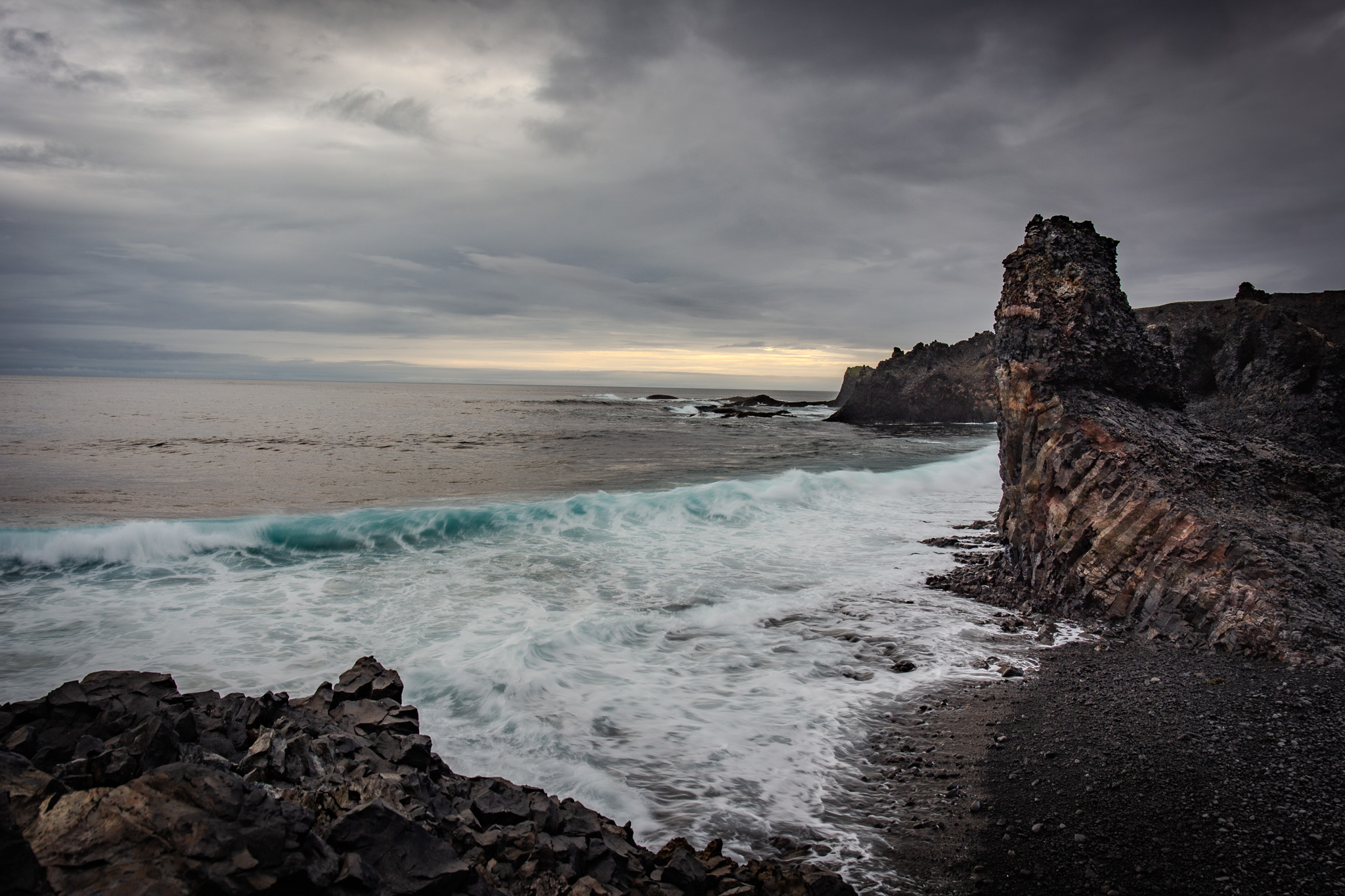 Long exposure wave crash at dusk, Snæfellsnes