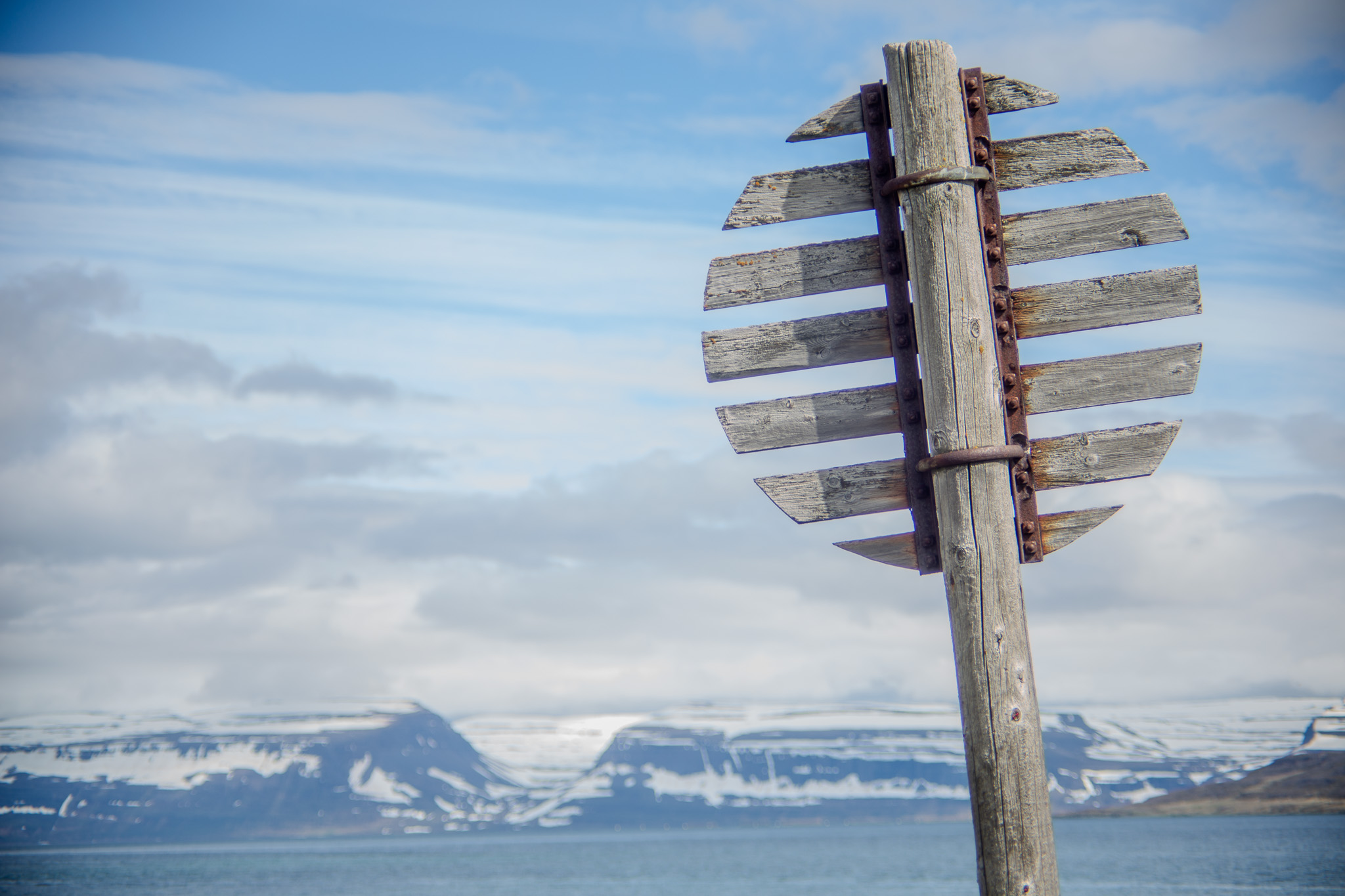 Weathered blank signpost in the Westfjords