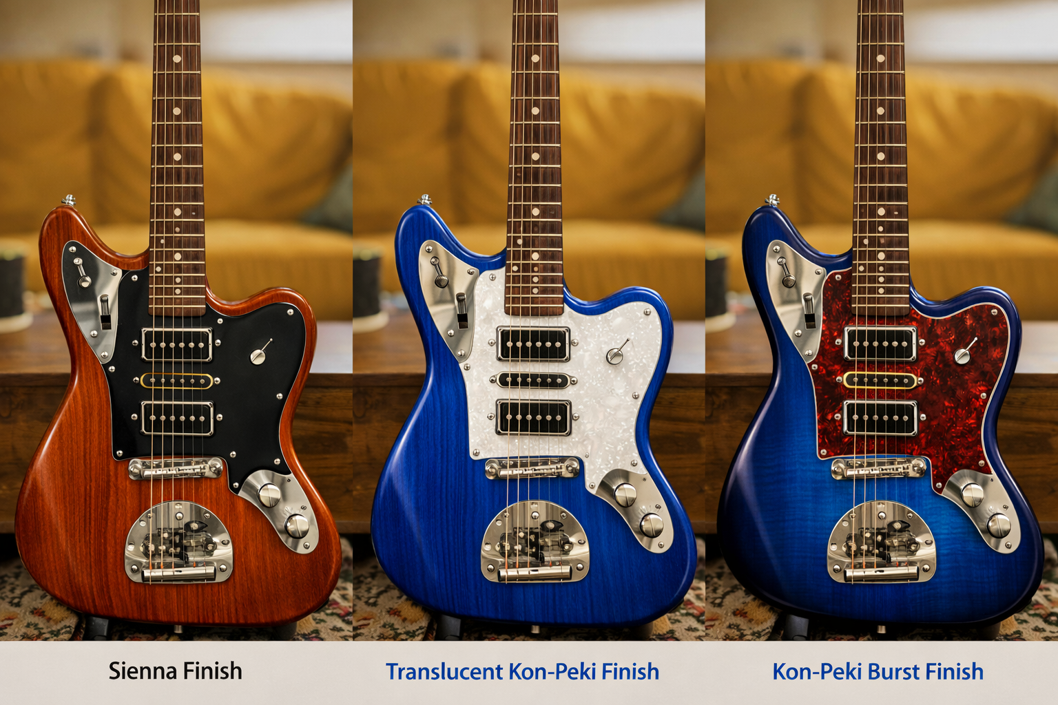 Renderings of three upcoming Wendigo finishes — Sienna, Translucent Kon-Peki, and Kon-Peki Burst