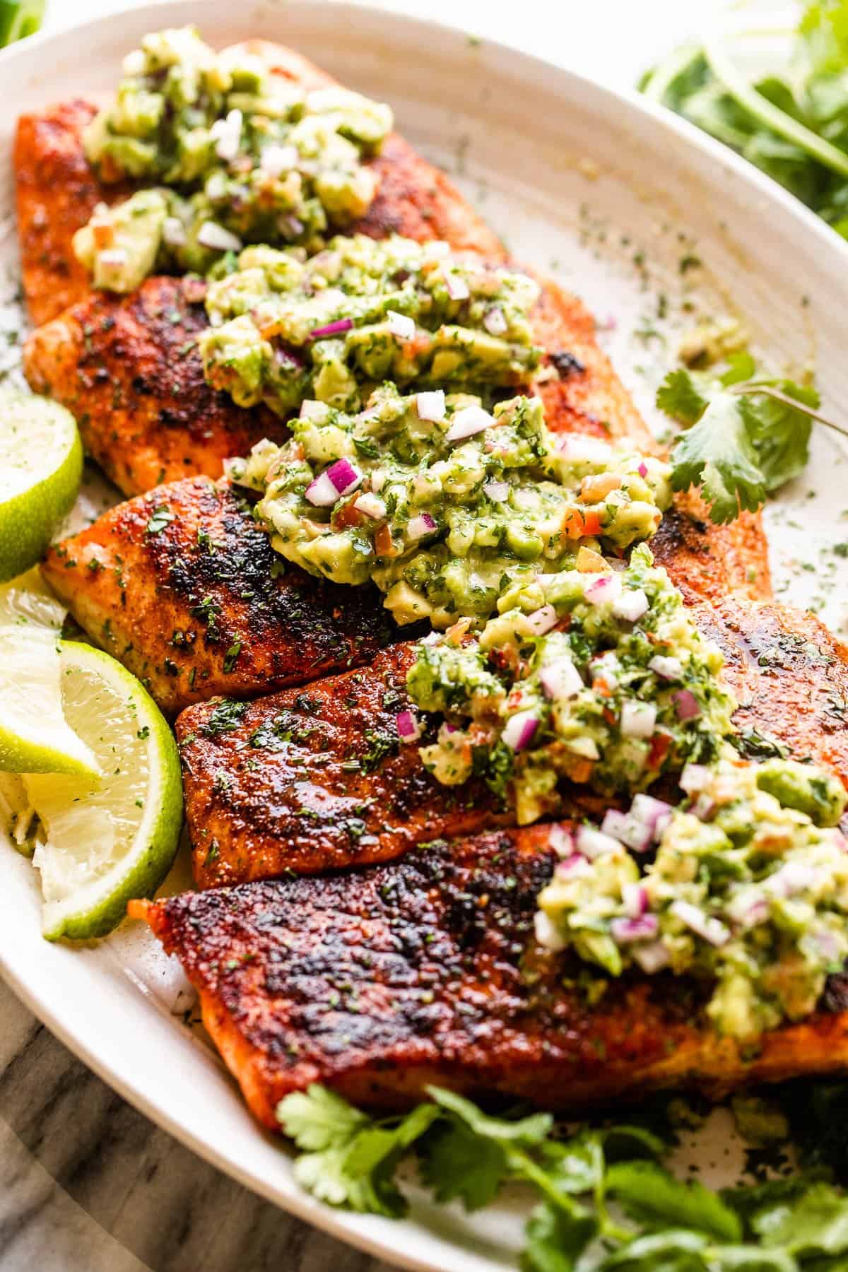 Grilled Salmon with Pesto Guacamole